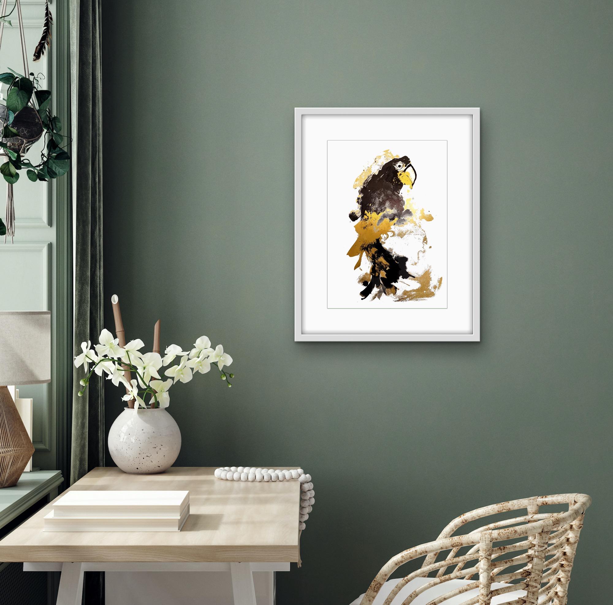 Parrot Gold, edition of 50, bird art, affordable art, yellow and black art For Sale 4