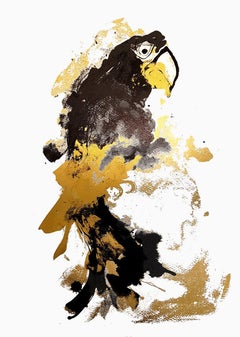 Papagei Gold, Auflage von 50 Exemplaren, Vogelkunst, erschwingliche Kunst, gelbe und schwarze Kunst
