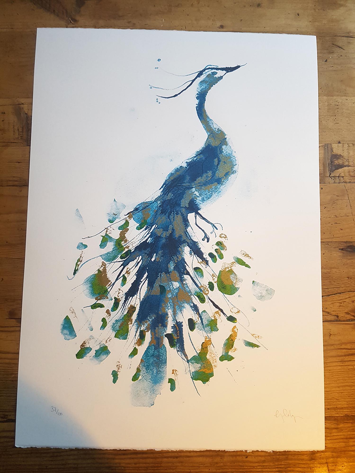 Peacock Gold
A beautiful CYMK silk screen print by Gavin Dobson. 
Based on an original watercolour painting of this iconic bird, this popular piece of art is individually hand printed by the artist using half tones to create the layered blues and