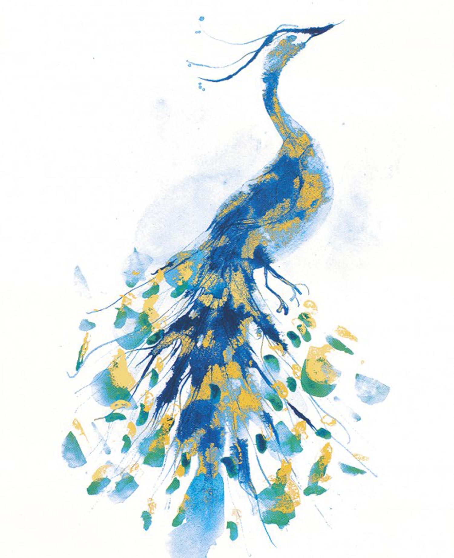 Peacock Gold
A beautiful CYMK silk screen print by Gavin Dobson. 
Based on an original watercolour painting of this iconic bird, this popular piece of art is individually hand printed by the artist using half tones to create the layered blues and