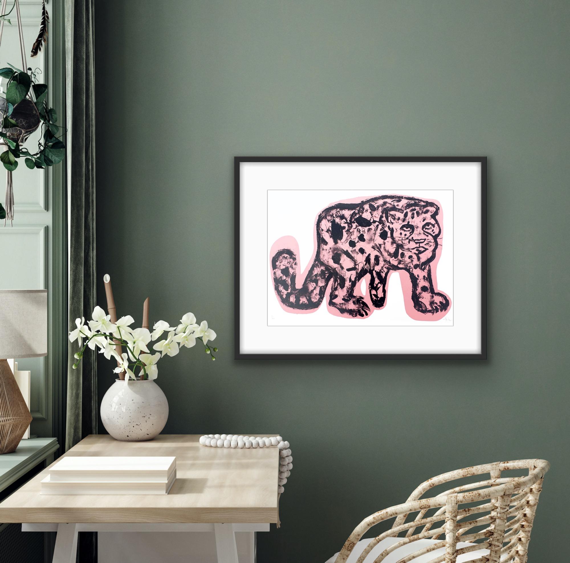 Pantera rosa, Impresión hecha a mano, Impresión animal, Arte pantera, Animal rosa en venta 1