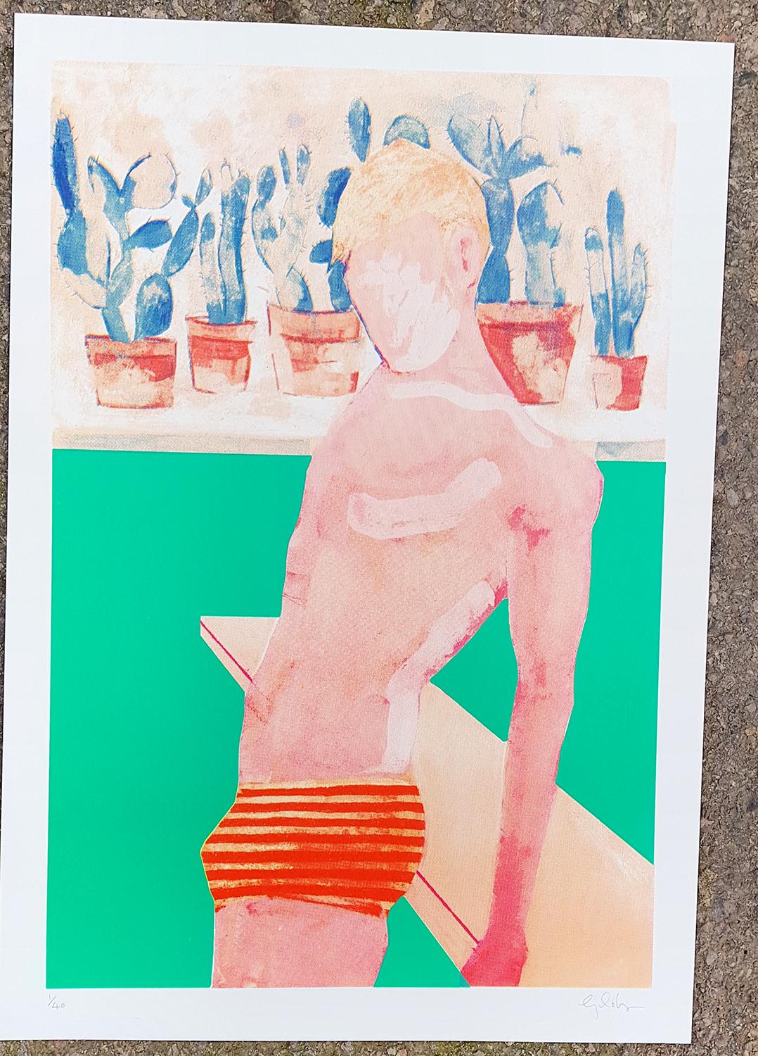 Pool Boy - Aqua, Pop Art screen-print, Figurative art, David Hockney style art For Sale 1