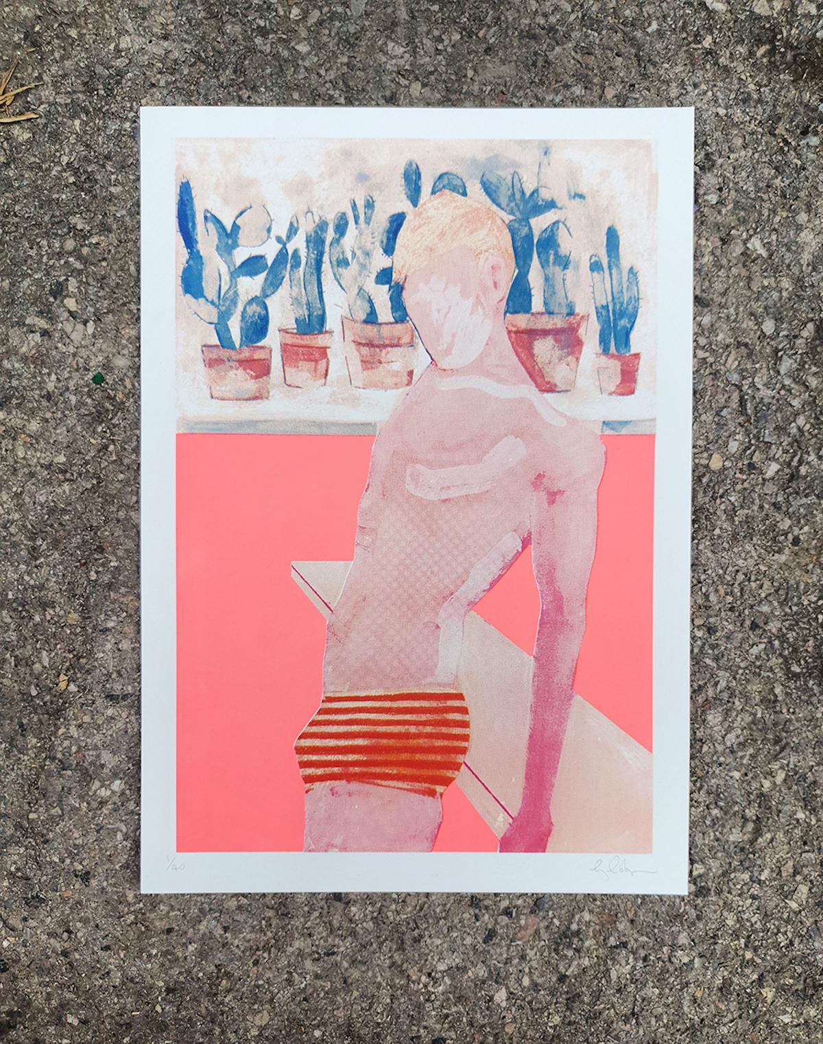 Ragazzo della piscina - Fluro, arte pop brillante, serigrafia fatta a mano, arte figurativa - Still-Life Print Rosa di Gavin Dobson