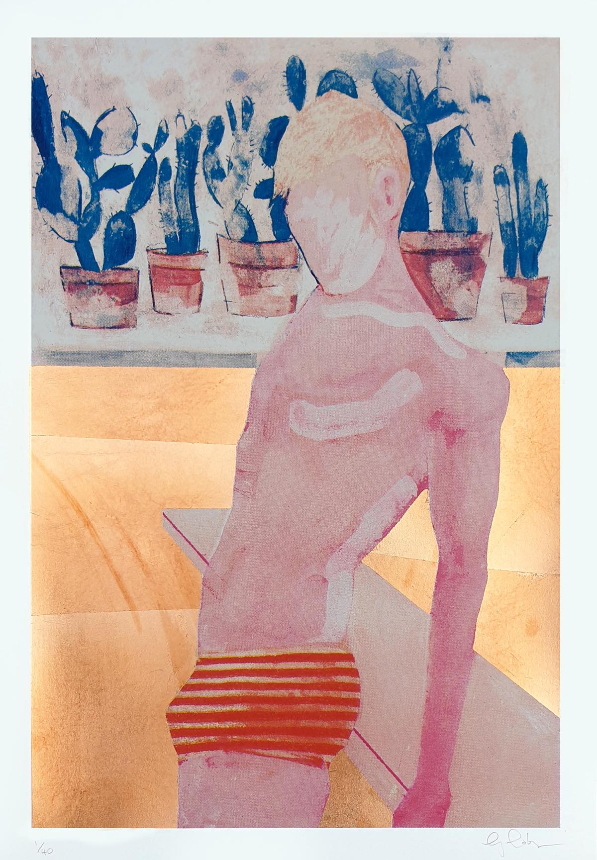 Gavin Dobson Figurative Print – Pool Boy Gold, Limited edition print, Hand made print, still-life, beach