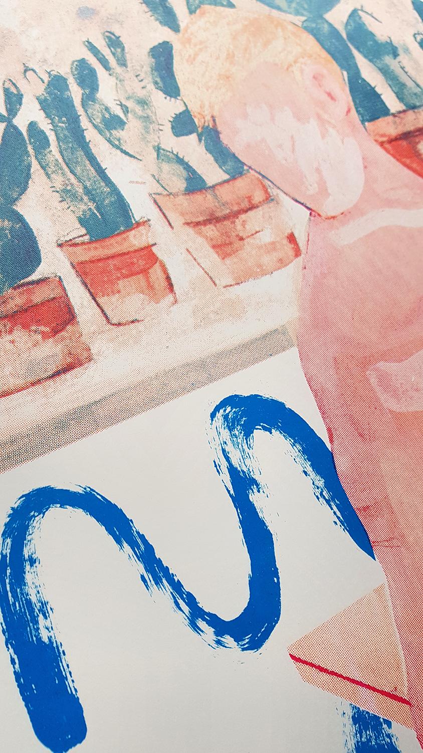 Increspature del ragazzo della piscina, Stampa figurativa, Arte della casa in piscina, Arte in stile David Hockney - Figurative Print Beige di Gavin Dobson