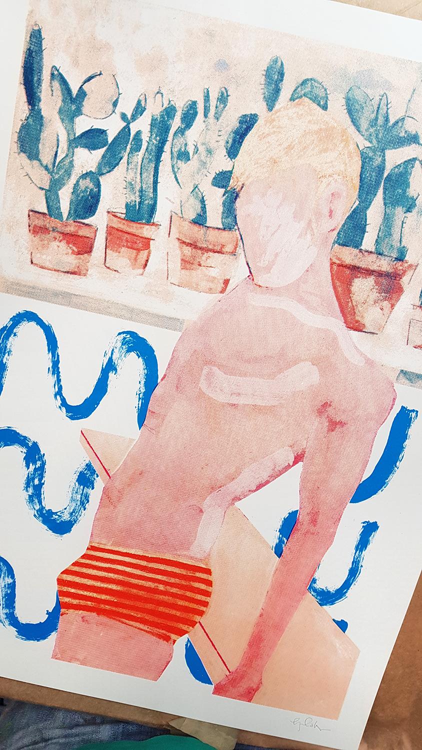 Increspature del ragazzo della piscina, Stampa figurativa, Arte della casa in piscina, Arte in stile David Hockney in vendita 2