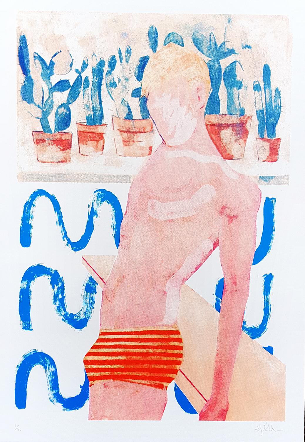 Gavin Dobson Figurative Print – Pool Boy Ripples, figurativer Druck, Pool House Art, David Hockney-Stil Kunst