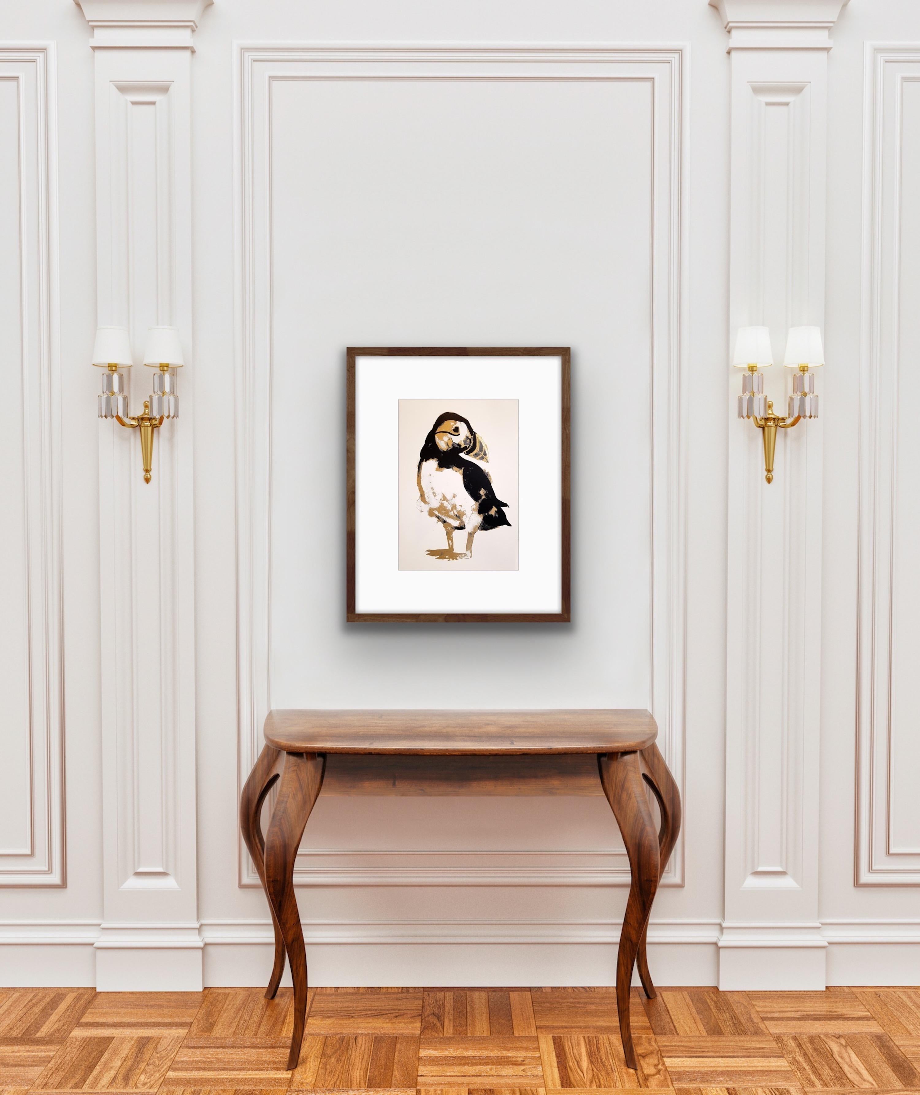 Puffin Gold, Stampa in edizione limitata, Stampa di uccelli, Arte contemporanea fatta a mano 1