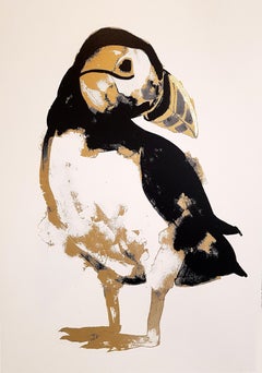 Puffin Gold, Stampa in edizione limitata, Stampa di uccelli, Arte contemporanea fatta a mano