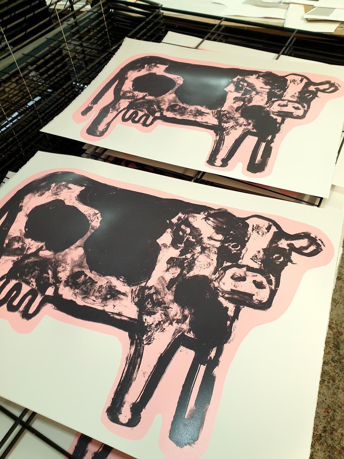 Silly Moo, Limited Edition Handmade print, Animal print - Gray Print by Gavin Dobson