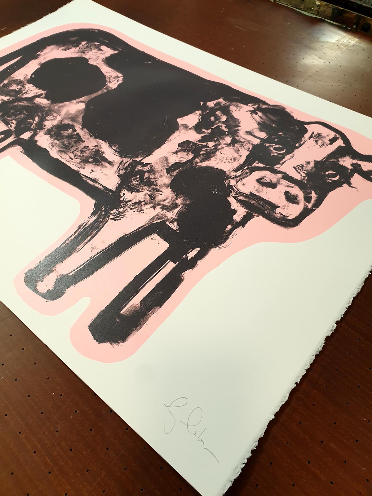 Two layer screen print First layer is a naively hand painted cow on true grain using indian ink. Second layer is using a translucent pink Creating a fun and quirky piece of pop art

ADDITIONAL INFORMATION:
Silly Moo [2022]
limited_edition
Screen