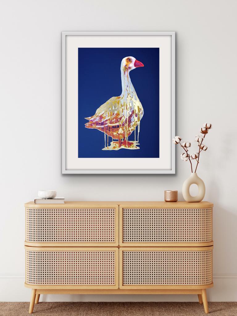 The Golden Goose, Animal Art, Bird Art, Blue and Gold Art, Statement Art - Print by Gavin Dobson