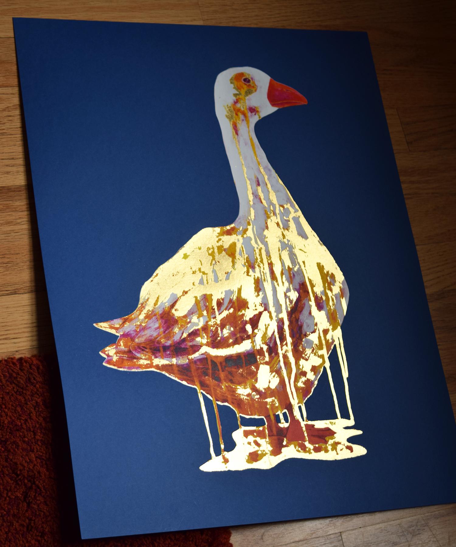 The Golden Goose, Animal Art, Bird Art, Blue and Gold Art, Statement Art - Purple Figurative Print by Gavin Dobson