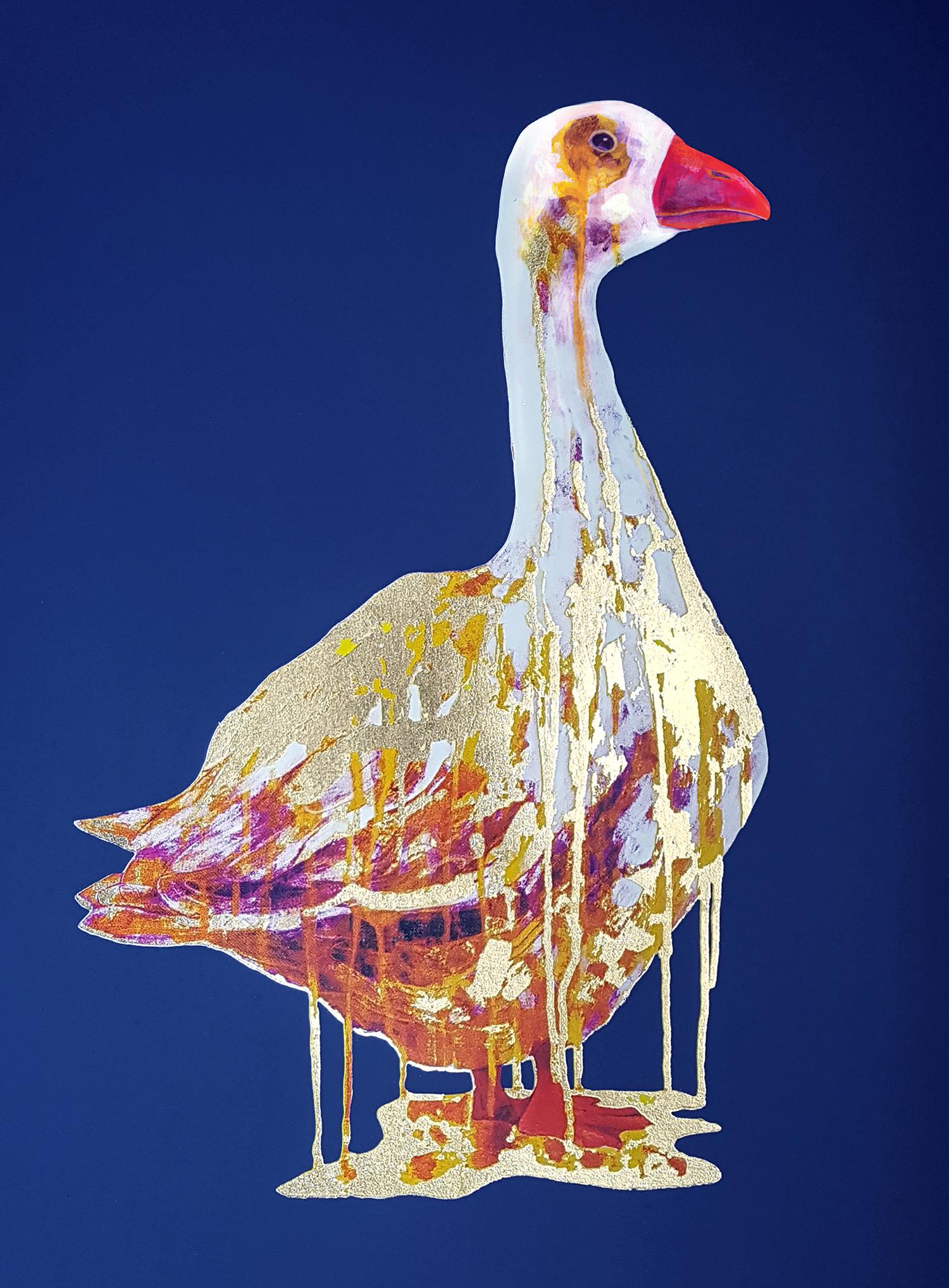 Gavin Dobson Figurative Print - The Golden Goose, Animal Art, Bird Art, Blue and Gold Art, Statement Art