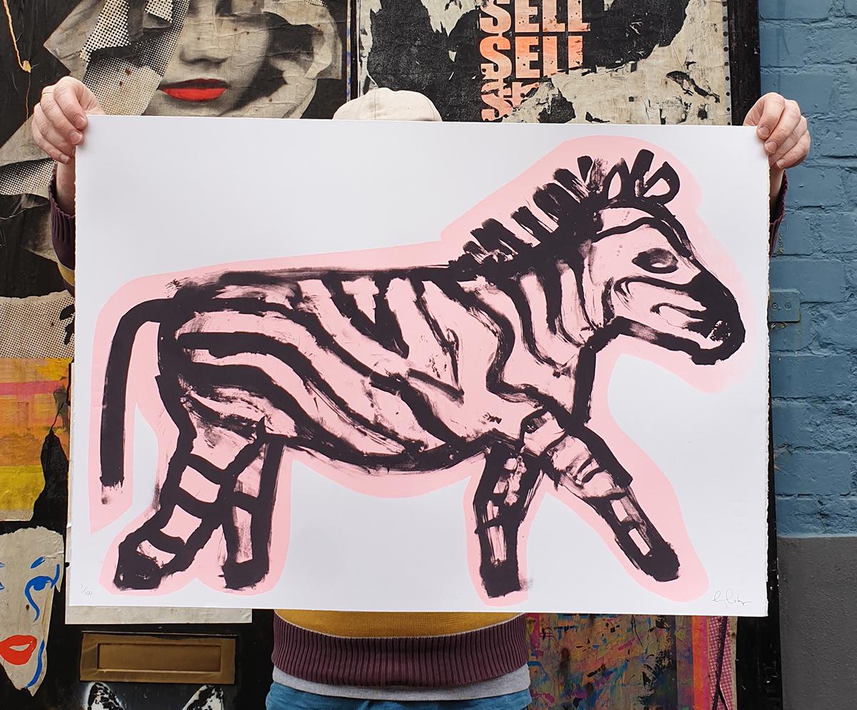 Zebedy, Silly Moo und rosa Panther Triptychon, Tierkunst, rosa und schwarze Kunst im Angebot 5