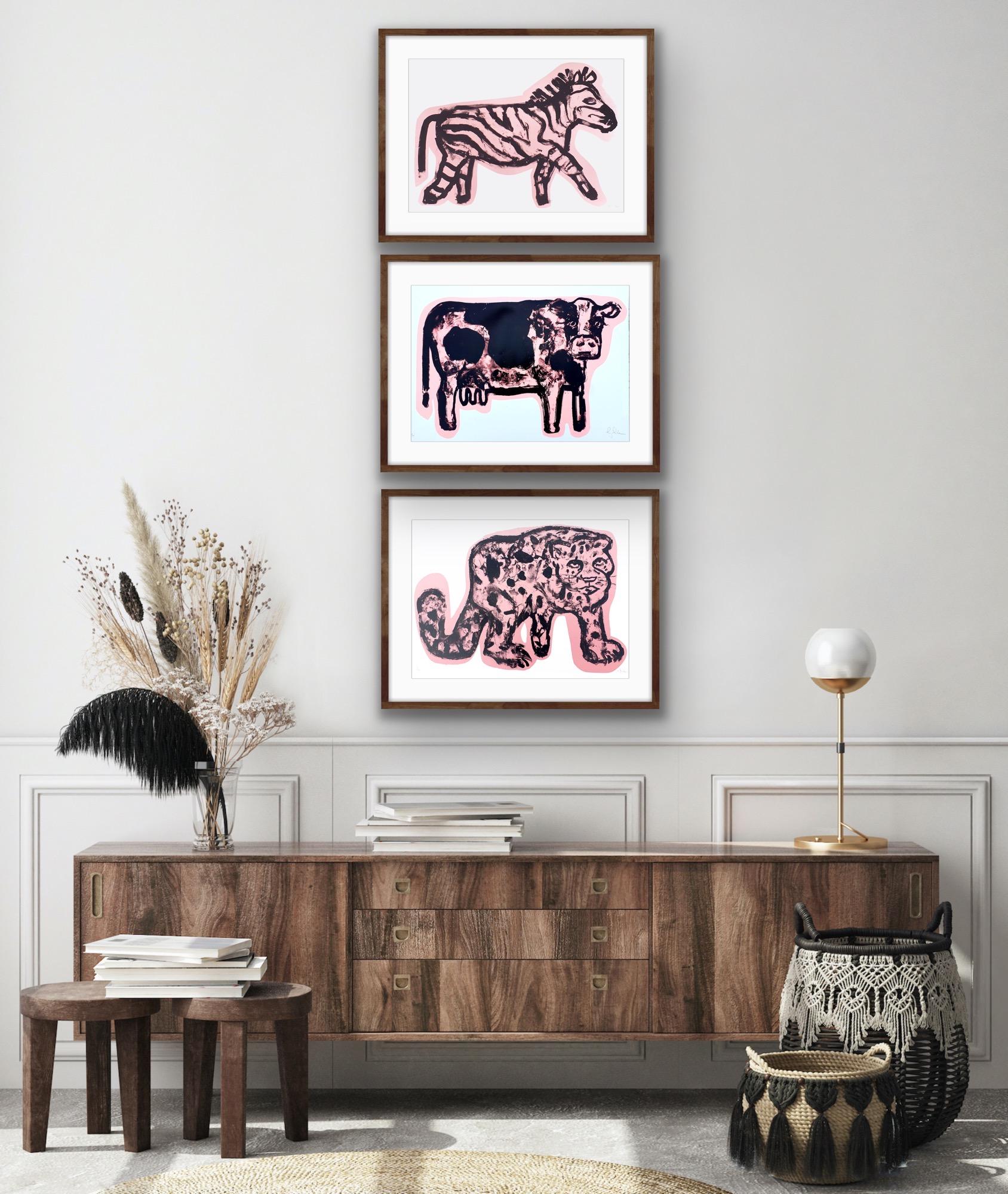 Zebedy, Silly Moo und rosa Panther Triptychon, Tierkunst, rosa und schwarze Kunst im Angebot 8