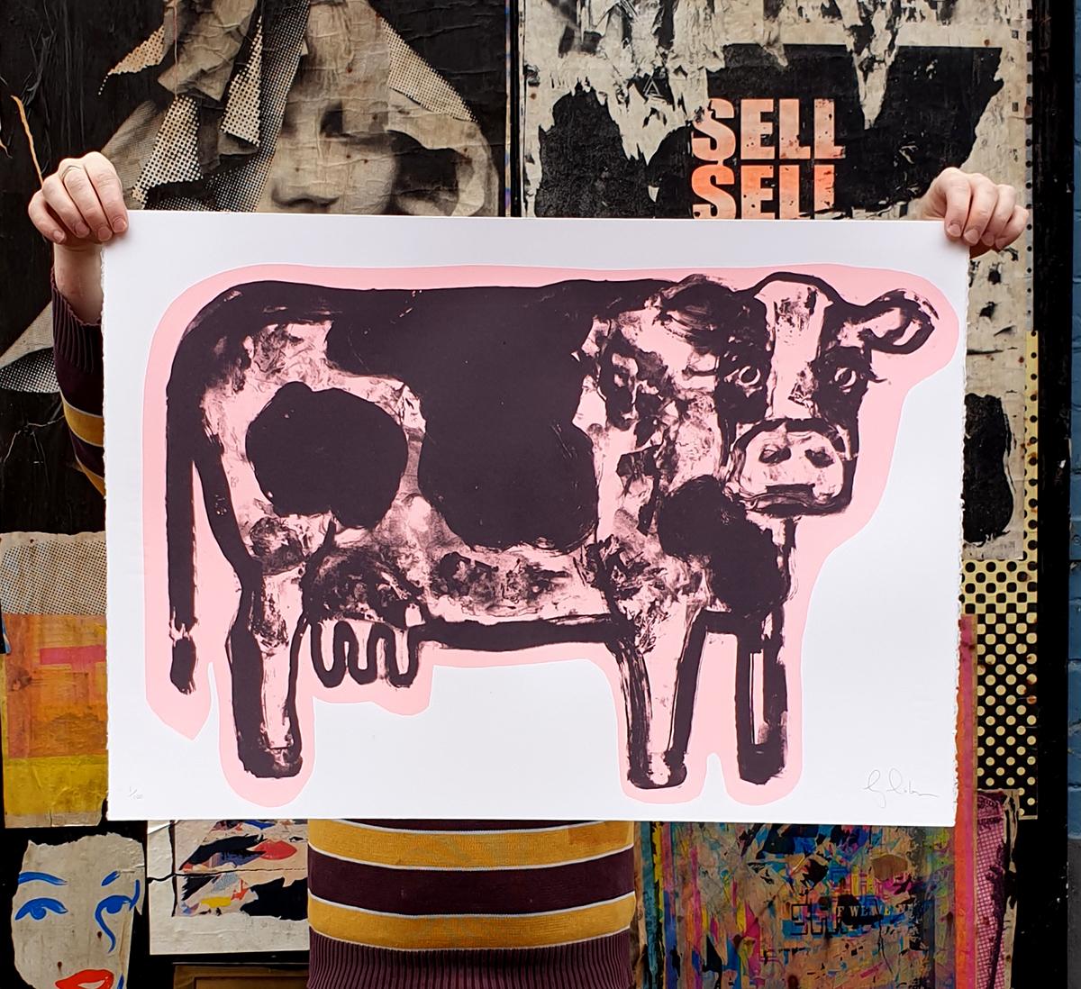 Zebedy, Silly Moo und rosa Panther Triptychon, Tierkunst, rosa und schwarze Kunst im Angebot 1