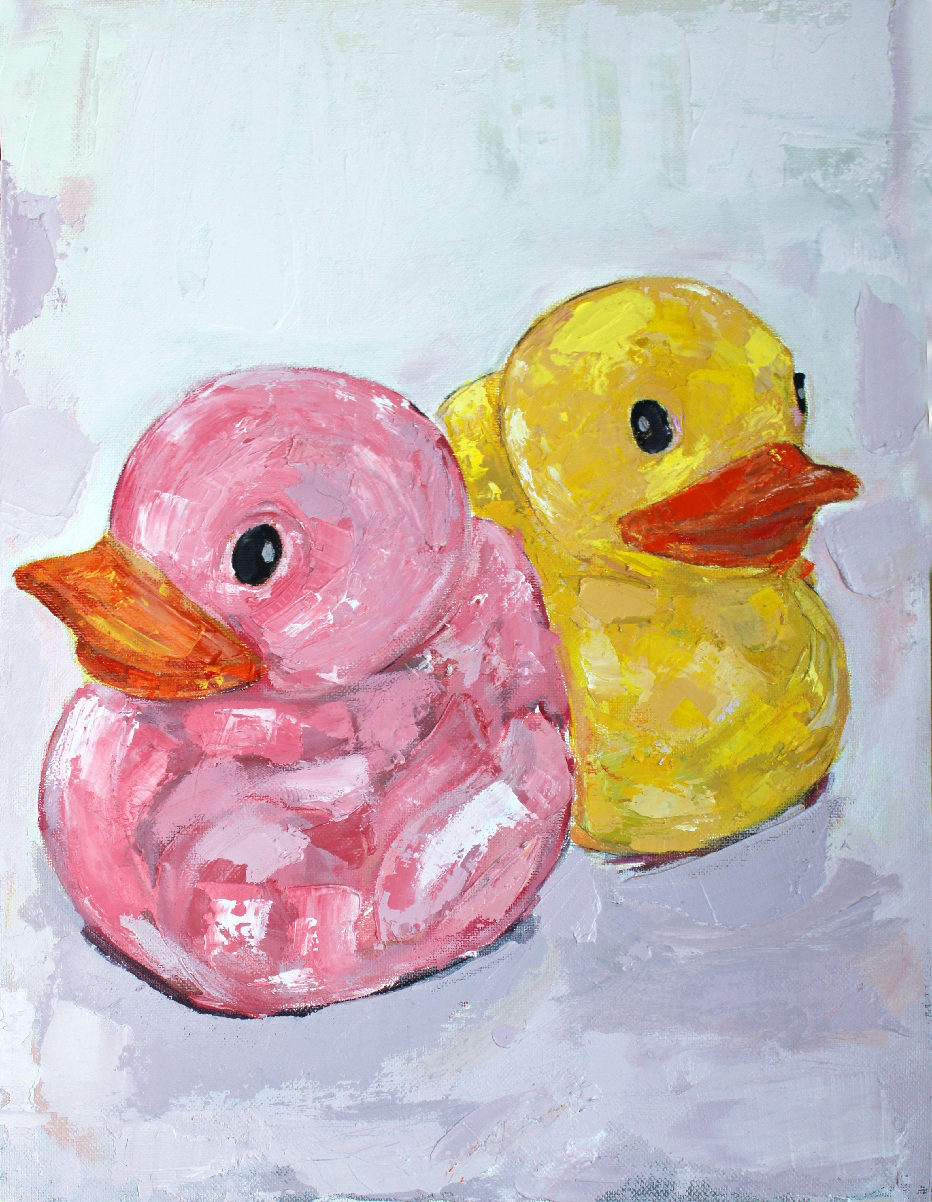 Quack Attack' This piece uses absorbing colours in a balanced composition of two joyful ducks. A blend of light and medium textures on a neutral background. This piece is on canvas board and will require a frame. A white wood box frame is