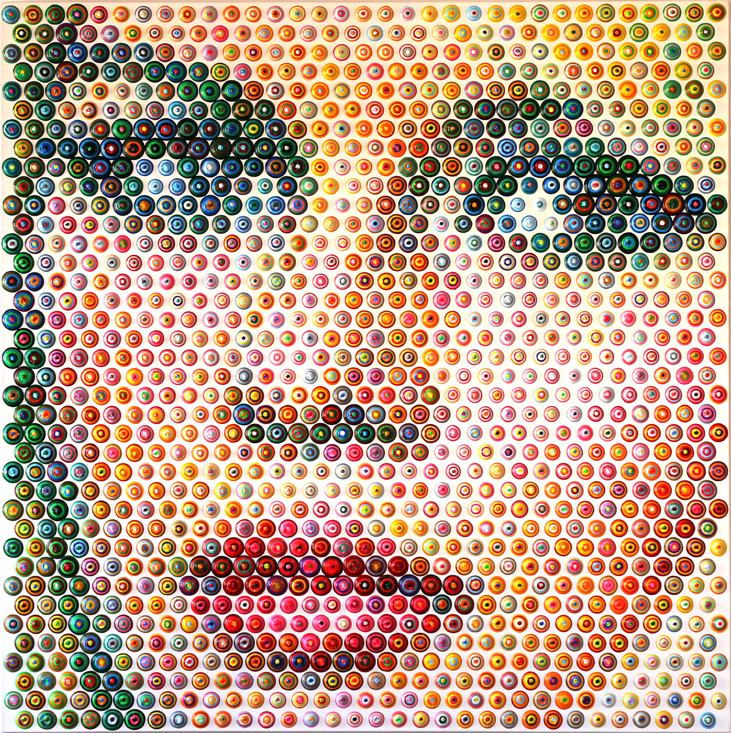 „Brigitte Pensive“ – Acrylgemälde im zeitgenössischen pointillistischen Stil