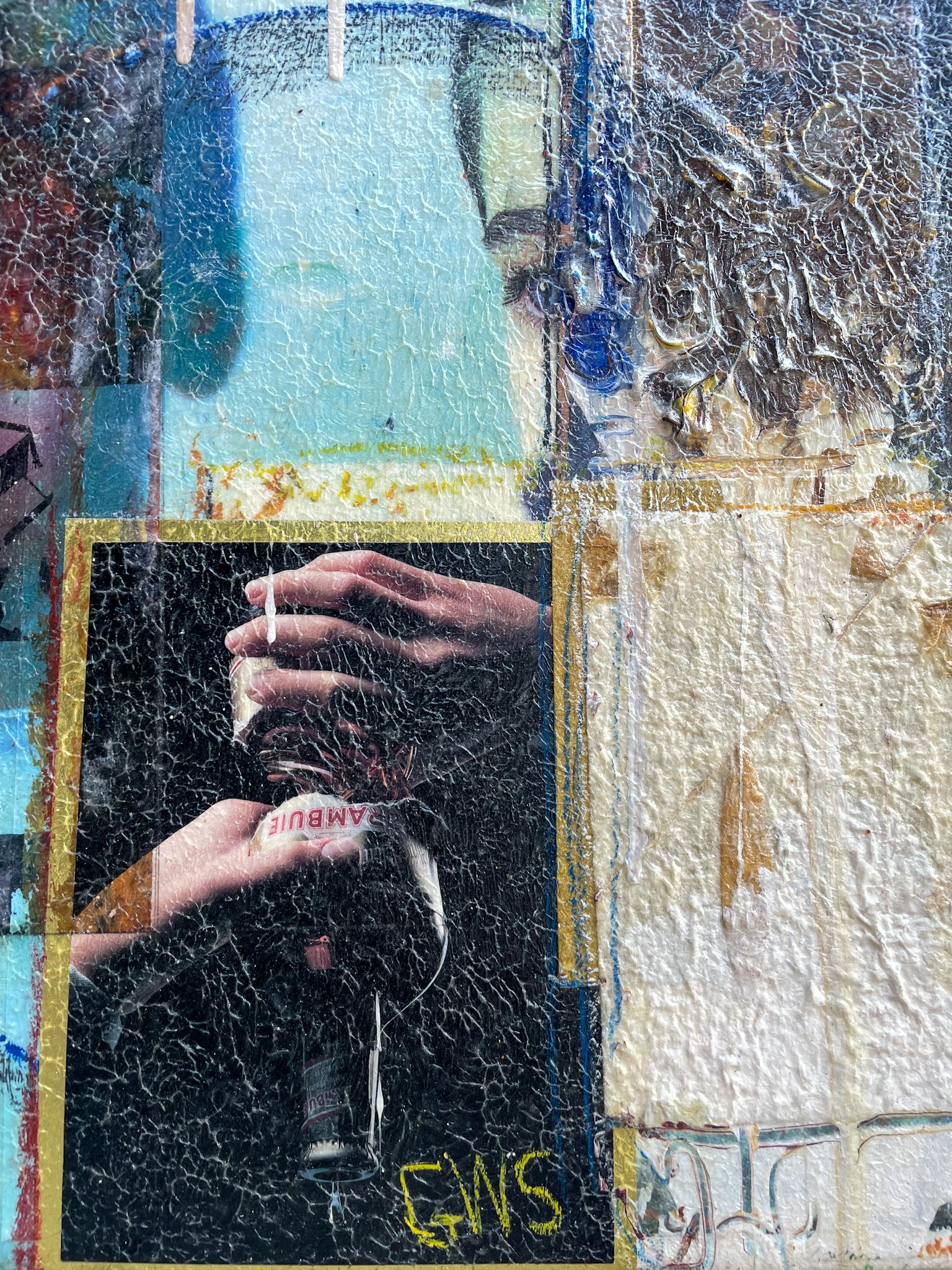 An energetic mixed-media collage that vibrates with chaos. The surface is a densely layered with found and distressed materials, including snippets of newspapers, vintage advertisements, posters and photos. In the top right, a bright yellow comic
