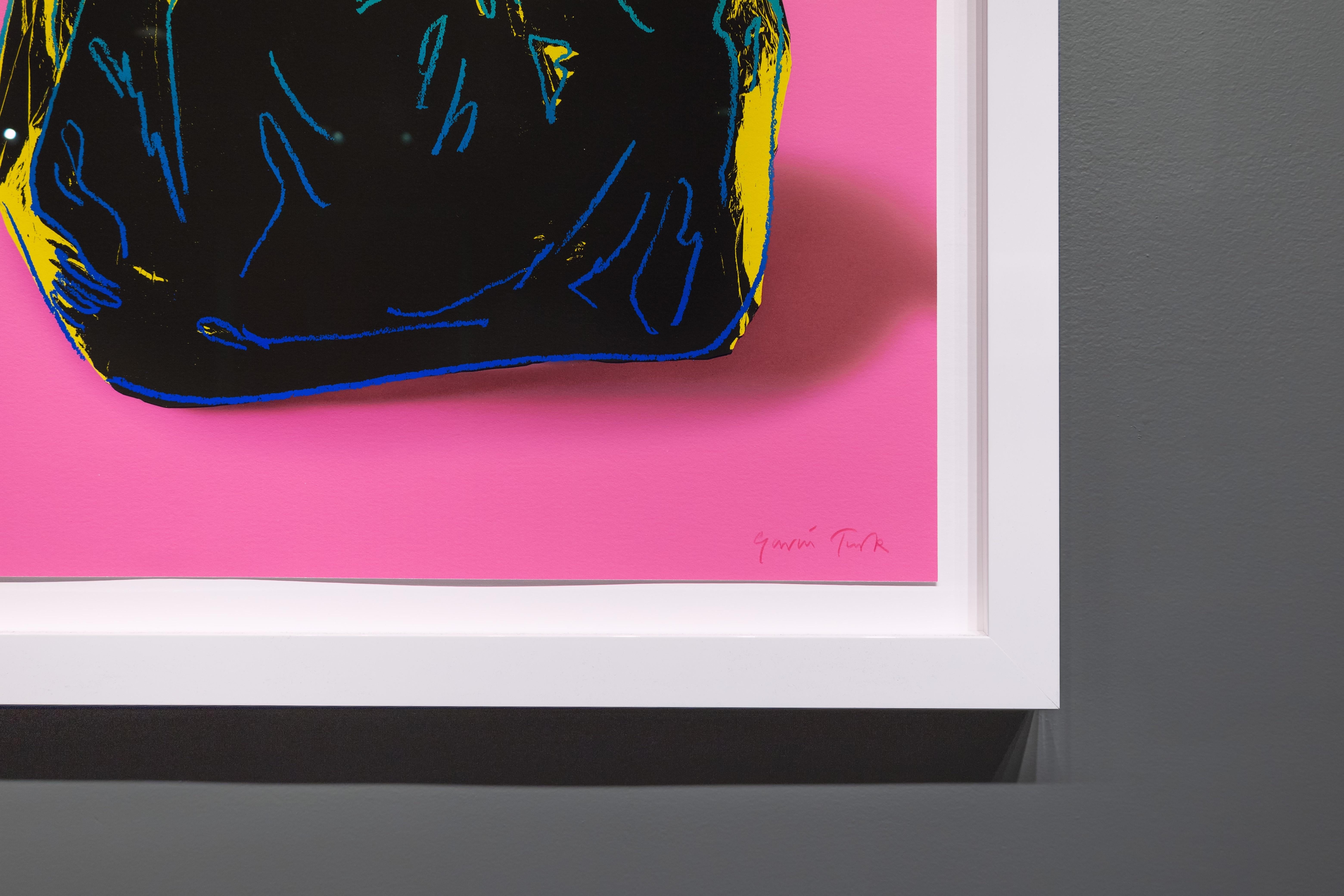 'Pink Trash' is a vibrant pop print by contemporary master Gavin Turk. The pink, yellow, green, and blue hues give this work a playful energy. ‘Pink Trash’ is edition 6 of 30 and is signed and numbered by the artist. The dimensions are 31.5 x 23.6