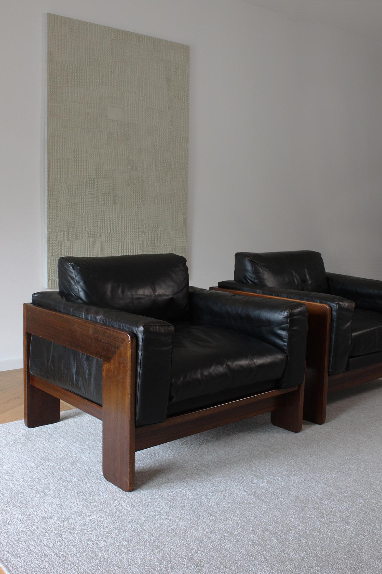 German Knoll /Gavina Bastiano Armchair by Afra & Tobia Scarpa Black Leather Nutwood