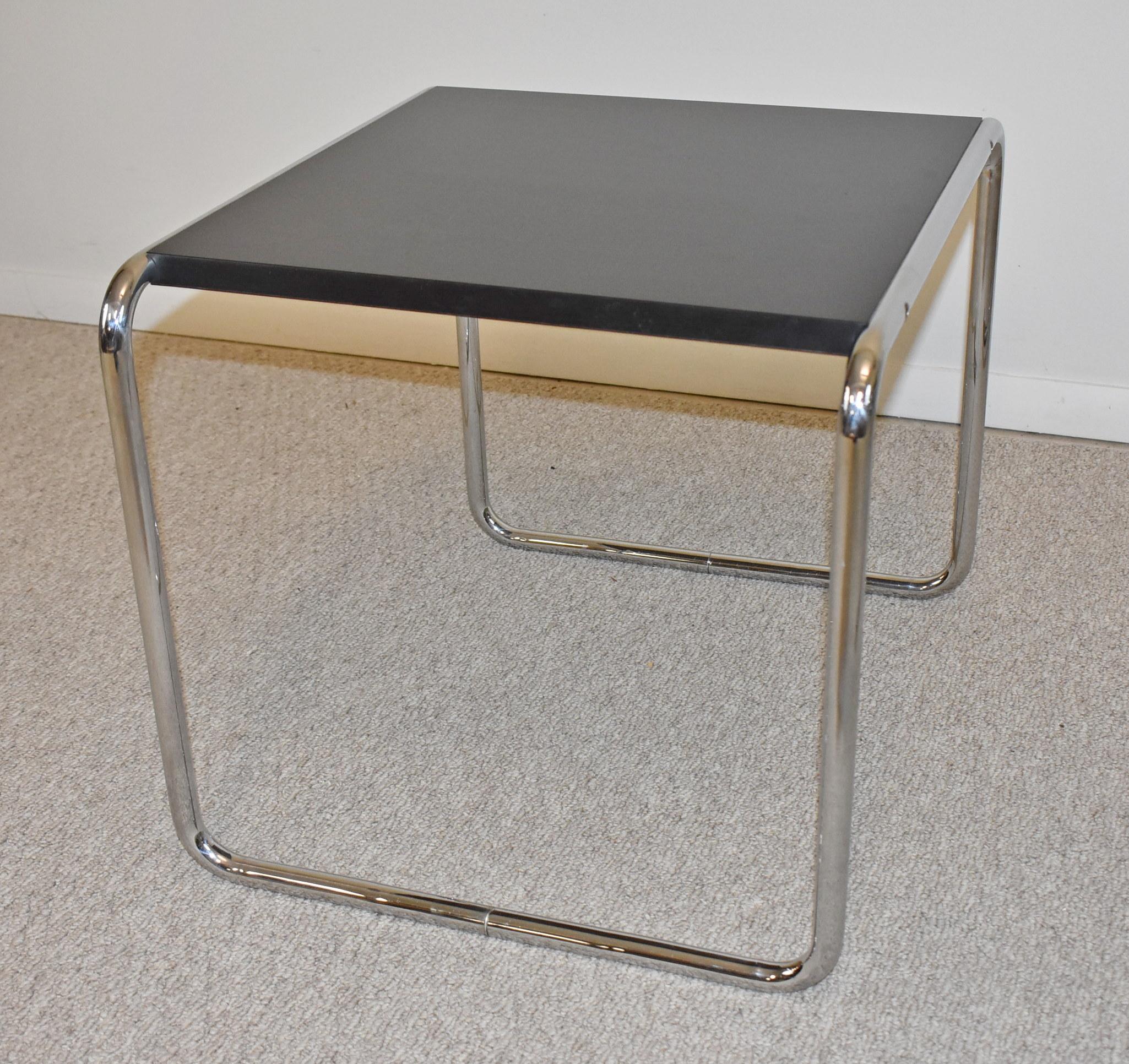 Gavina Chrome & black laminate table a Marcel Breuer Design. Chrome frame laminate top table. Marcel Breuer Design goes well with the Wassily Chair (posted separately). Stamped on table 