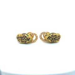 Gay Freres 18 KT Yellow Gold Panther Earrings with .20Cts Diamonds and Emeralds