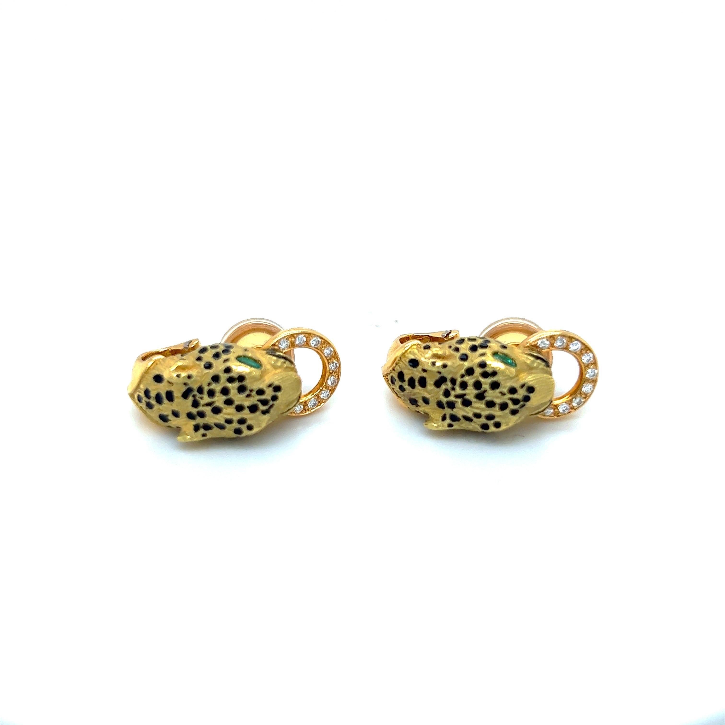 Contemporary Gay Freres 18 KT Yellow Gold Panther Earrings with .20Cts Diamonds and Emeralds For Sale