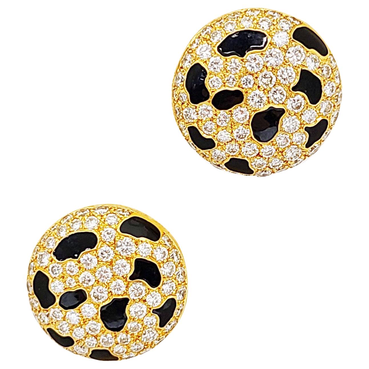 Gay Freres 18KT. Yellow Gold, 4.64 Carat Diamond & Black Enamel Button Earrings For Sale
