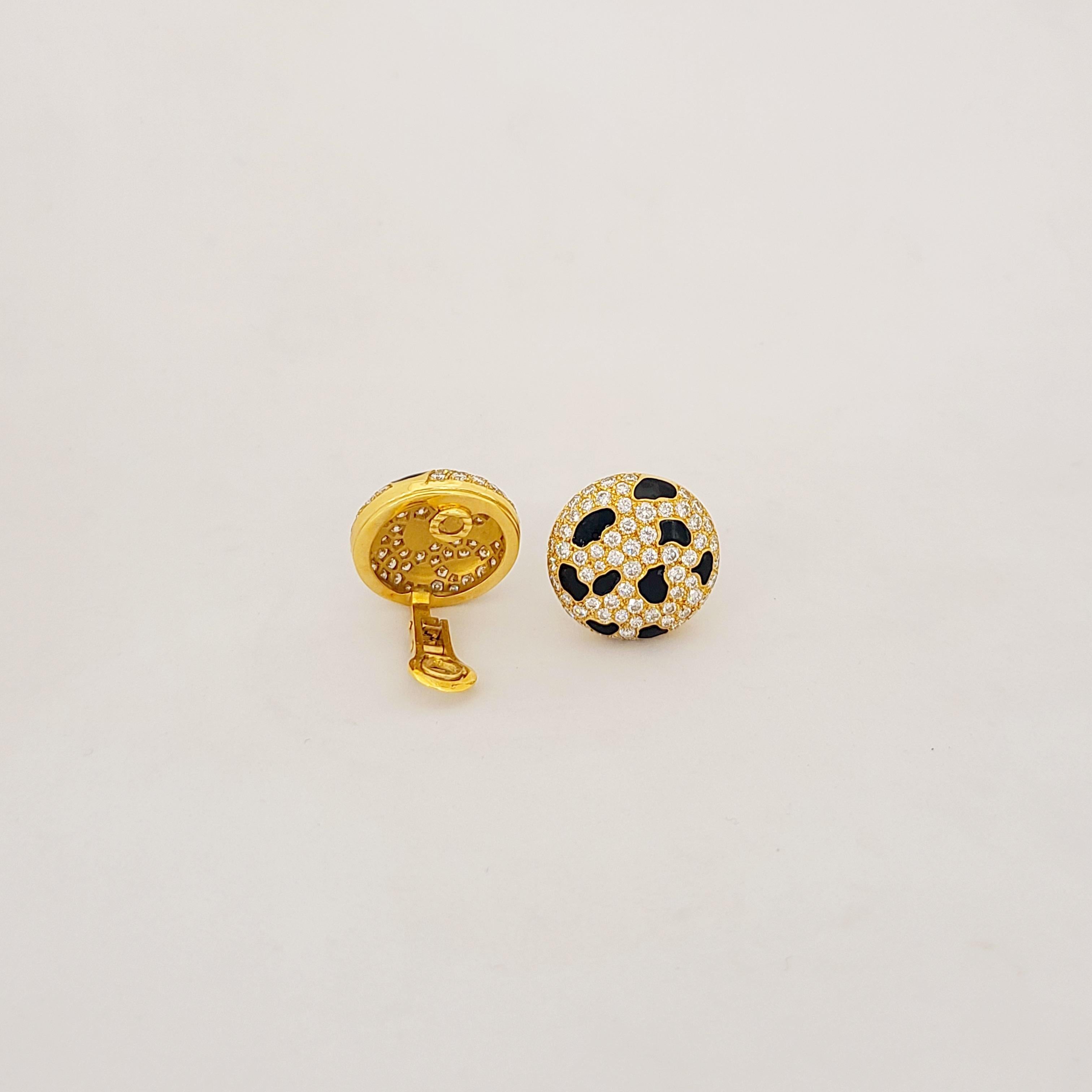 Gay Freres 18KT. Yellow Gold, 4.64 Carat Diamond & Black Enamel Button Earrings For Sale 2