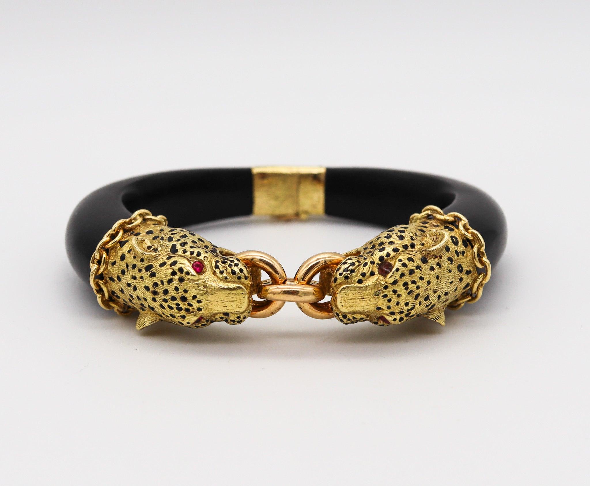 Modernist GAY FRERES 1960 Paris Feline Enamel And Wood Bracelet In 18Kt Gold With Rubies For Sale