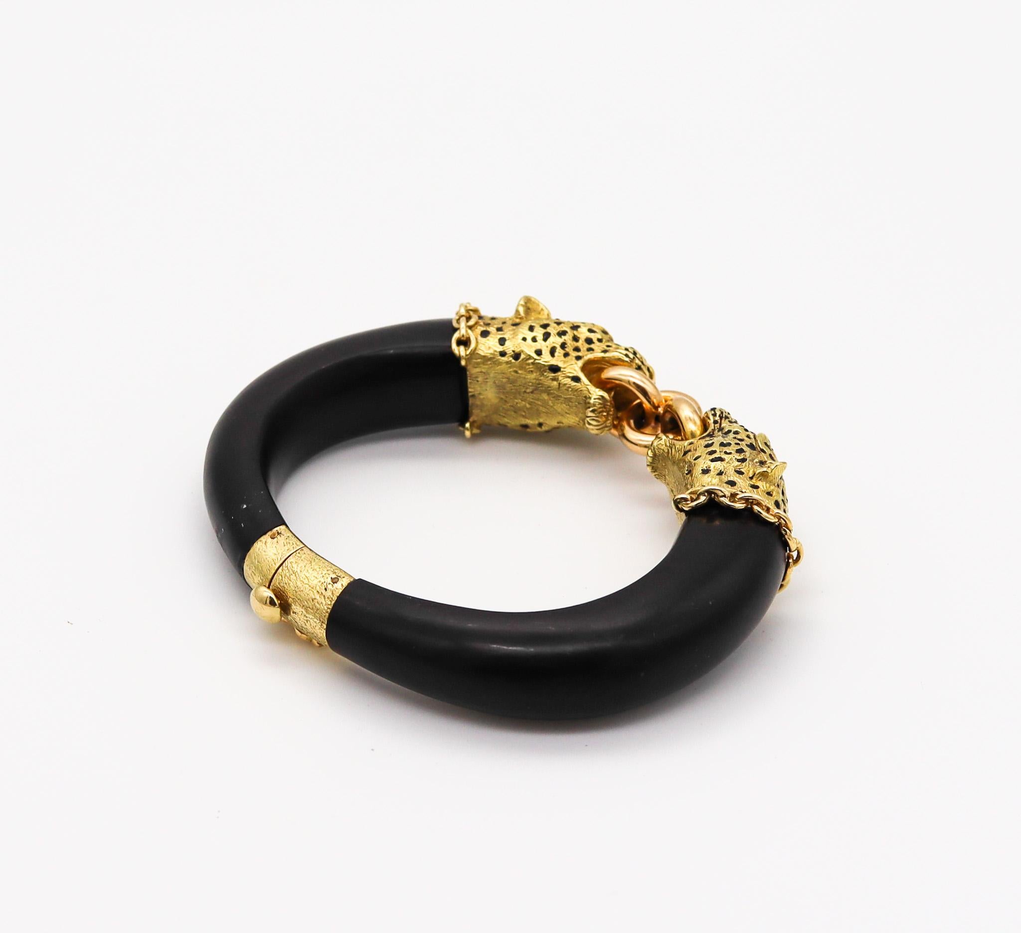 Round Cut Gay Freres 1960 Paris Feline Enamel and Wood Bracelet in 18kt Gold with Rubies For Sale