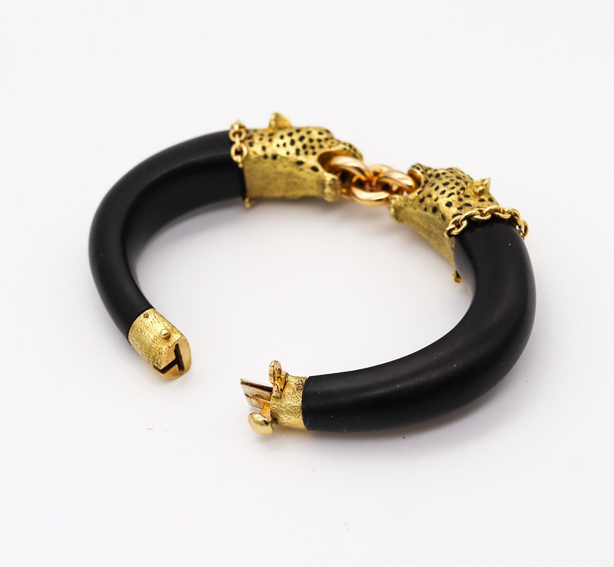 Women's or Men's GAY FRERES 1960 Paris Feline Enamel And Wood Bracelet In 18Kt Gold With Rubies For Sale