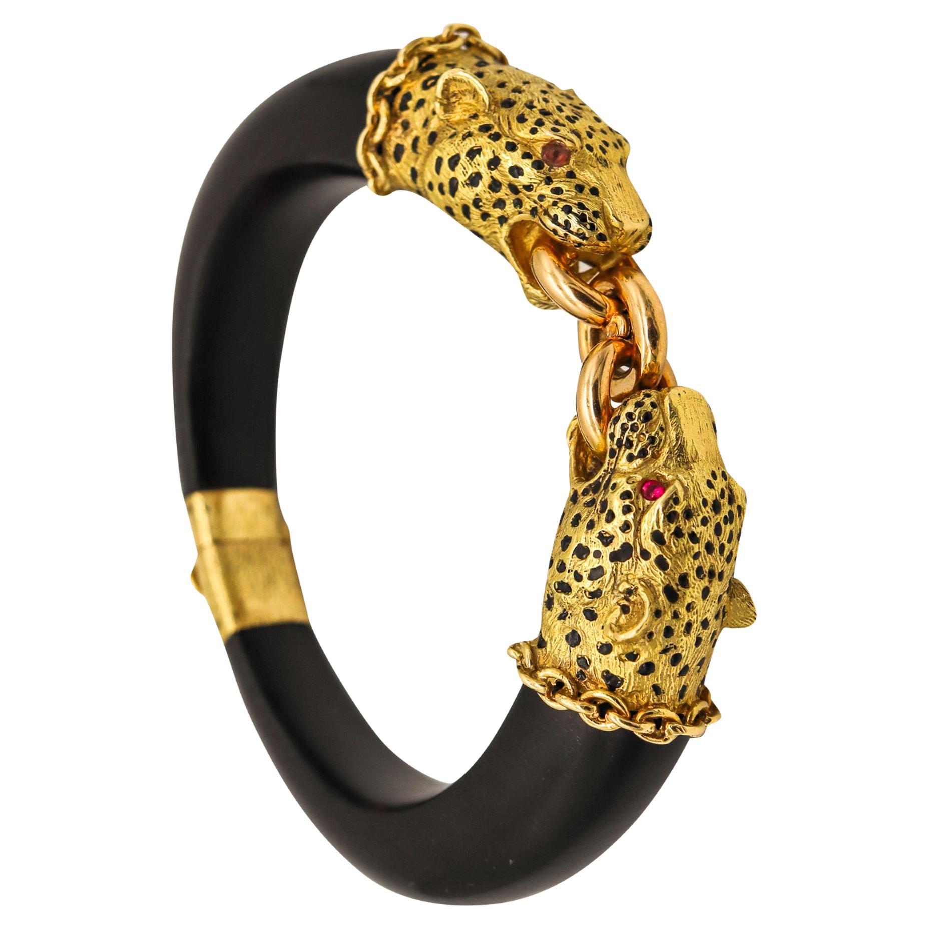 Gay Freres 1960 Paris Feline Enamel and Wood Bracelet in 18kt Gold with Rubies For Sale