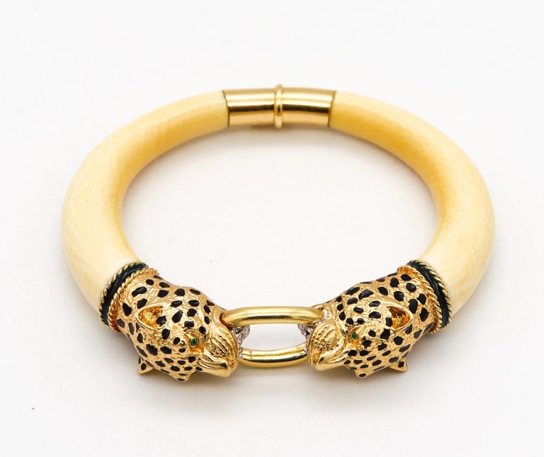 Modernist Gay Freres 1970 France Enameled Leopards Bracelet In 18Kt Gold Emeralds & Coral For Sale