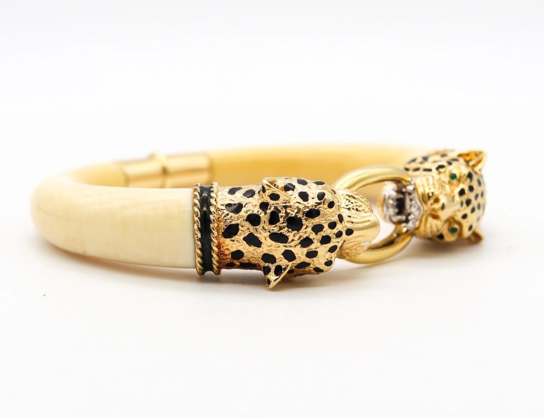 Modernist Gay Freres 1970 France Enameled Leopards Bracelet In 18Kt Gold Emeralds & Coral