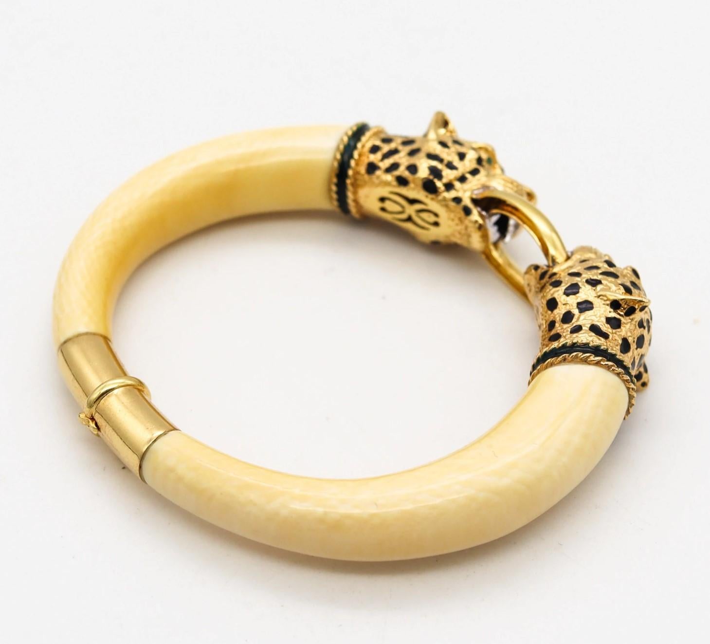 Mixed Cut Gay Freres 1970 France Enameled Leopards Bracelet In 18Kt Gold Emeralds & Coral