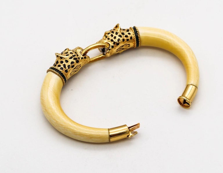 Women's or Men's Gay Freres 1970 France Enameled Leopards Bracelet In 18Kt Gold Emeralds & Coral For Sale