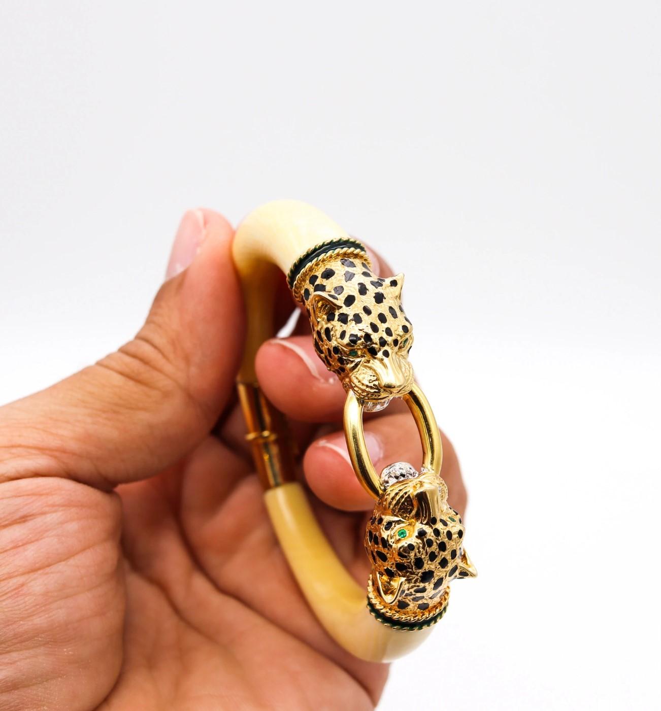 Gay Freres 1970 France Enameled Leopards Bracelet In 18Kt Gold Emeralds & Coral 1