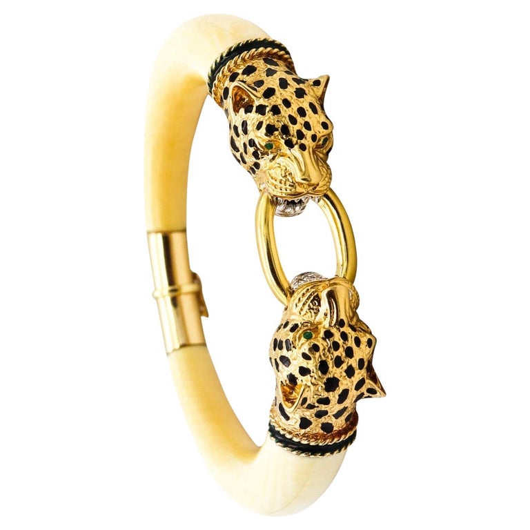 Gay Freres 1970 France Enameled Leopards Bracelet In 18Kt Gold Emeralds & Coral For Sale