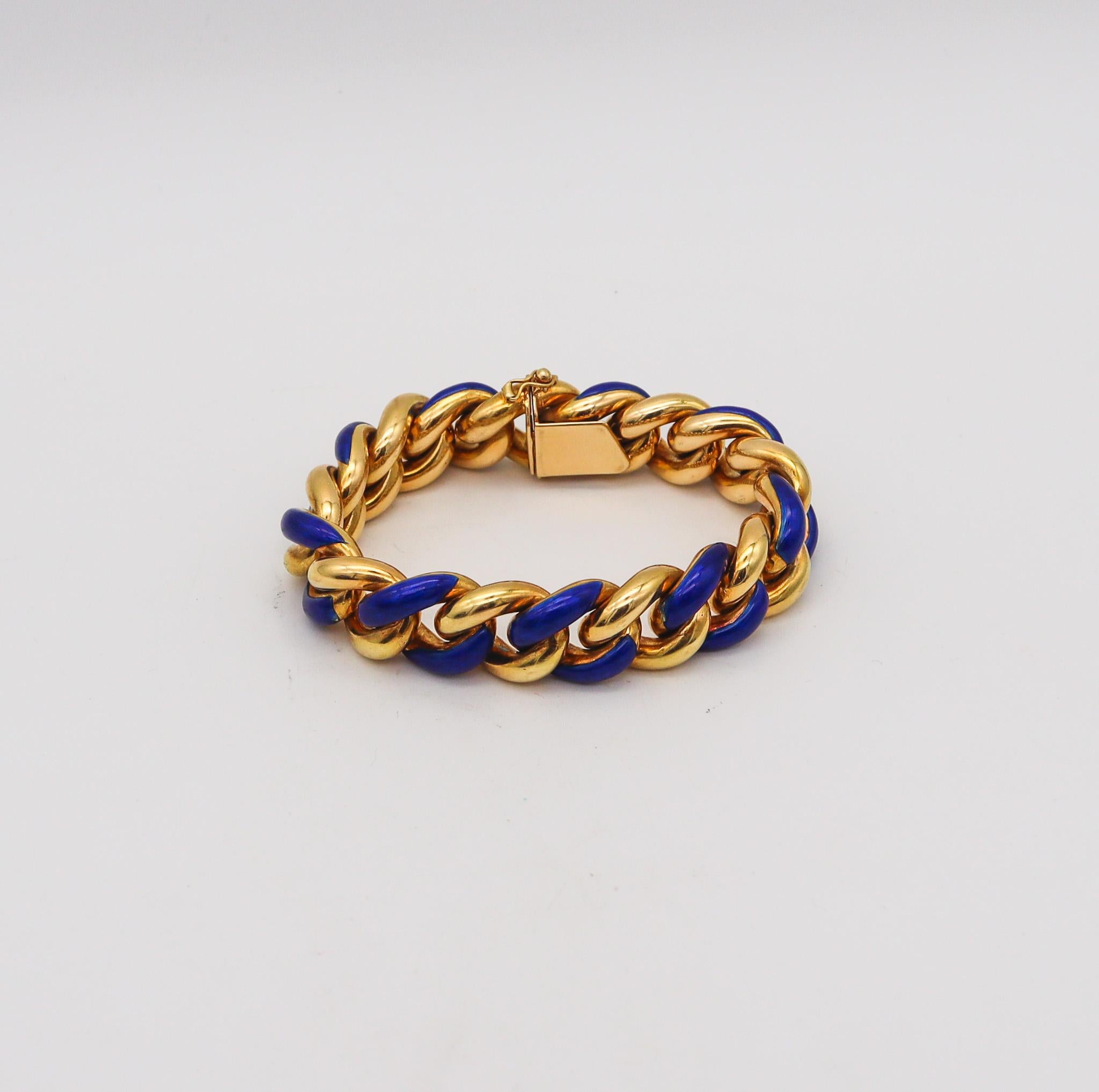Modernist Gay Freres 1970 Paris Blue Enameled Links Bracelet In Solid 18Kt Yellow Gold For Sale