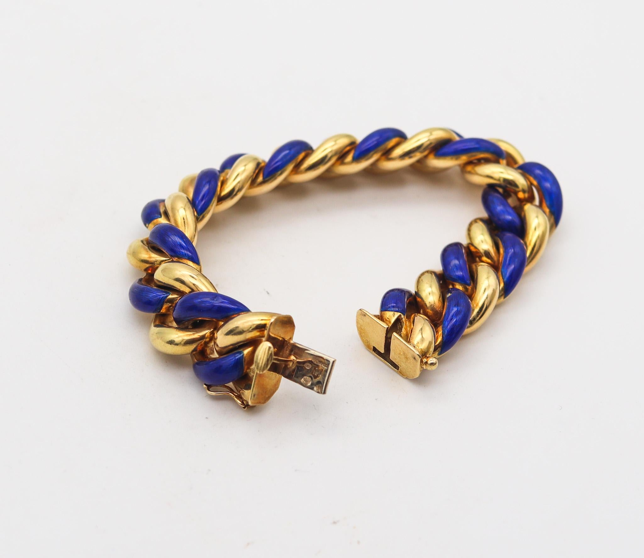 Women's or Men's Gay Freres 1970 Paris Blue Enameled Links Bracelet In Solid 18Kt Yellow Gold For Sale