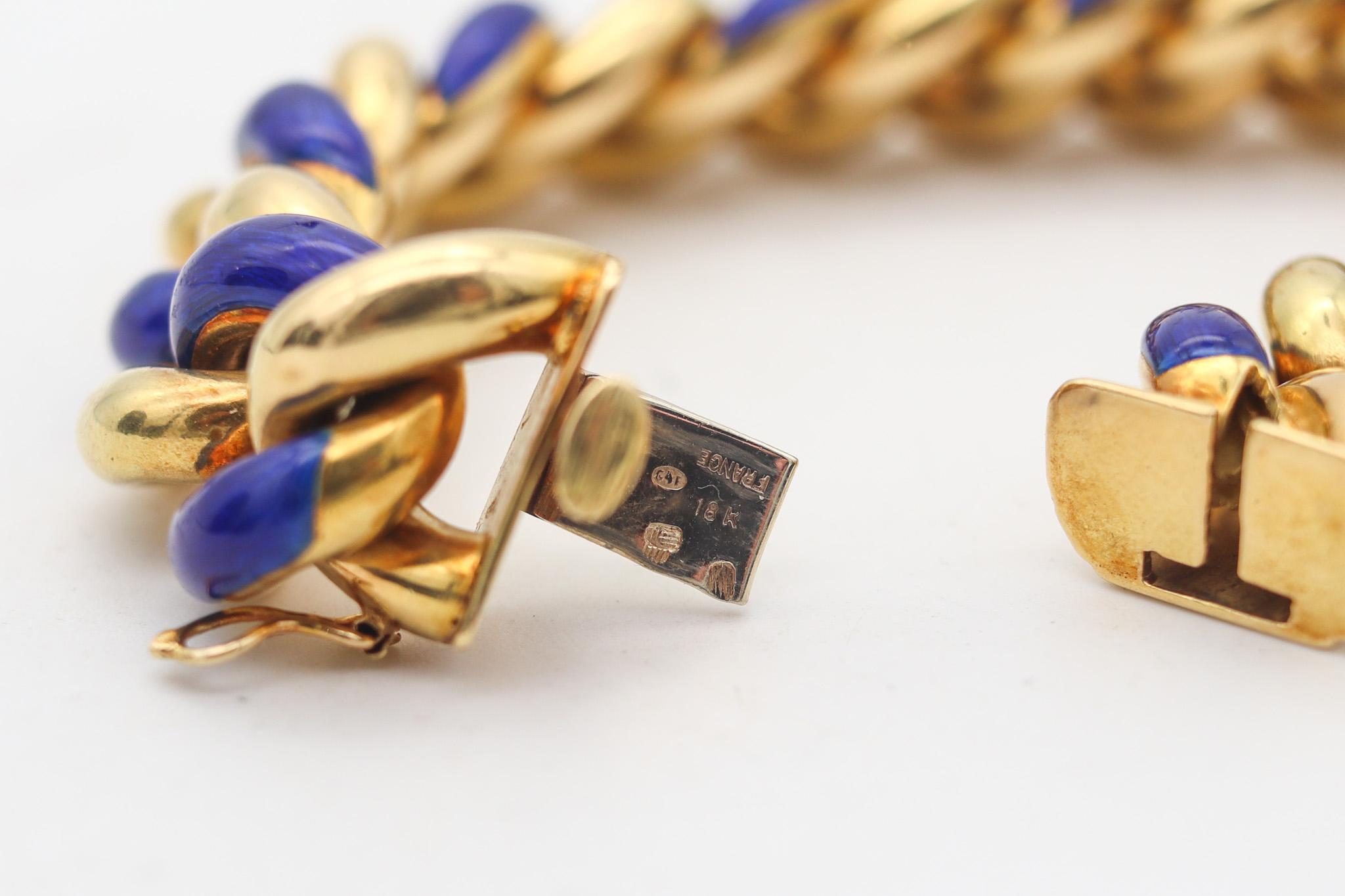 Gay Freres 1970 Paris Blue Enameled Links Bracelet In Solid 18Kt Yellow Gold For Sale 1