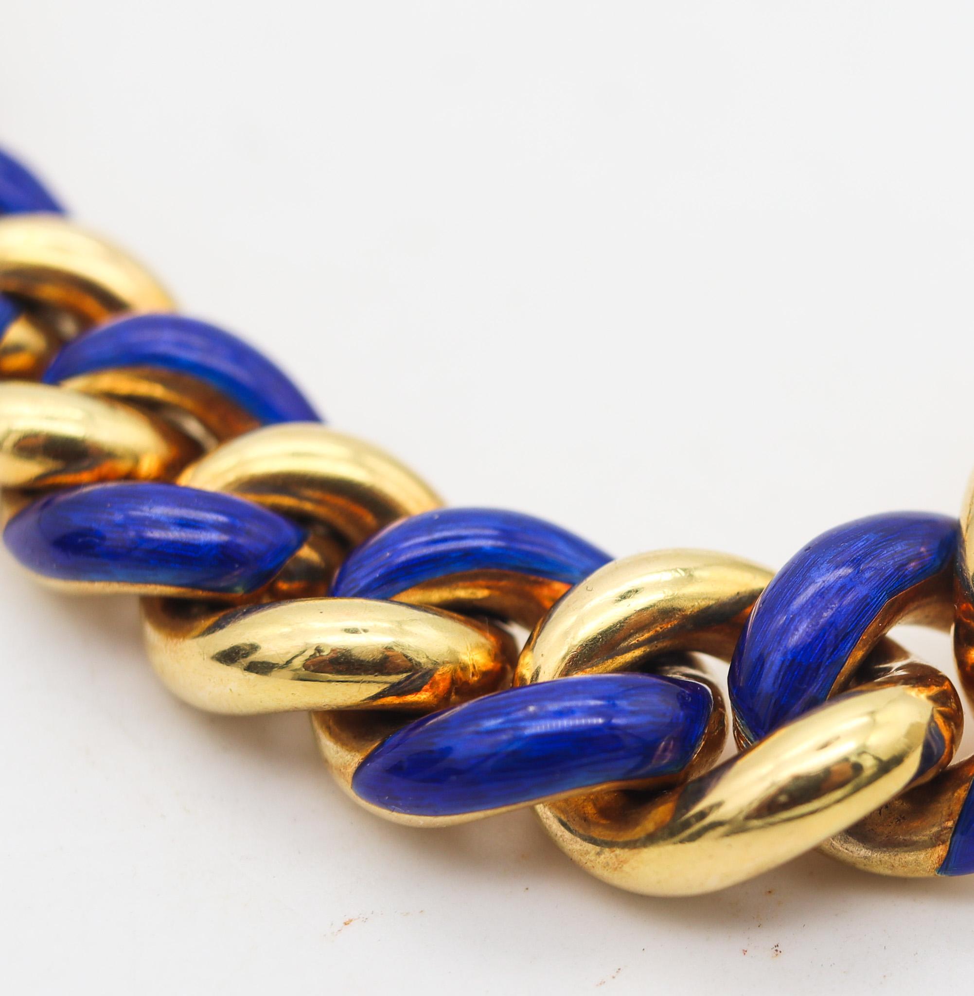 Gay Freres 1970 Paris Blue Enameled Links Bracelet In Solid 18Kt Yellow Gold For Sale 3