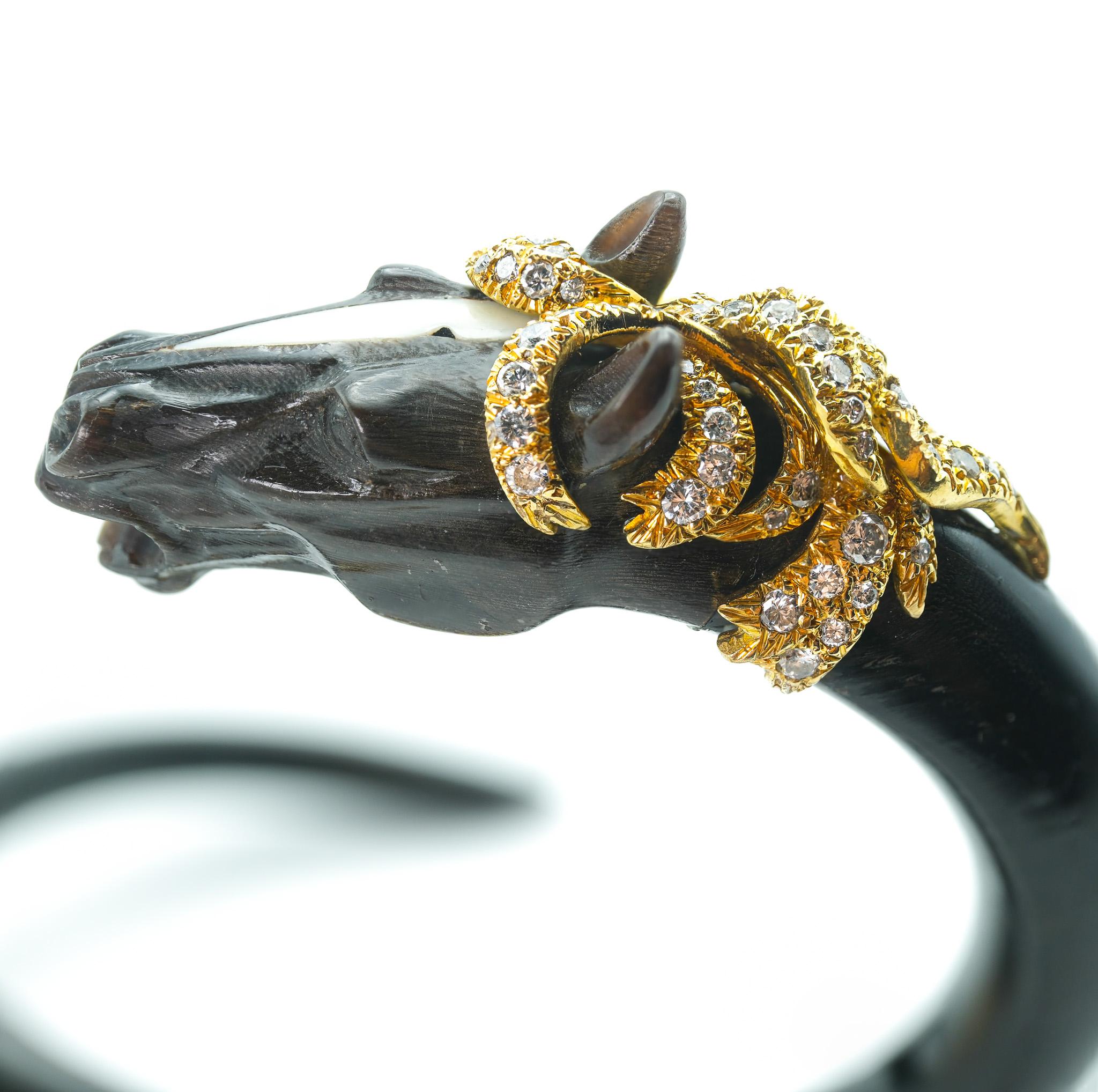 Artisan Gay Frères French 1970 Ebony 14 Karat and Diamond Horse Stallion Bangle Bracelet
