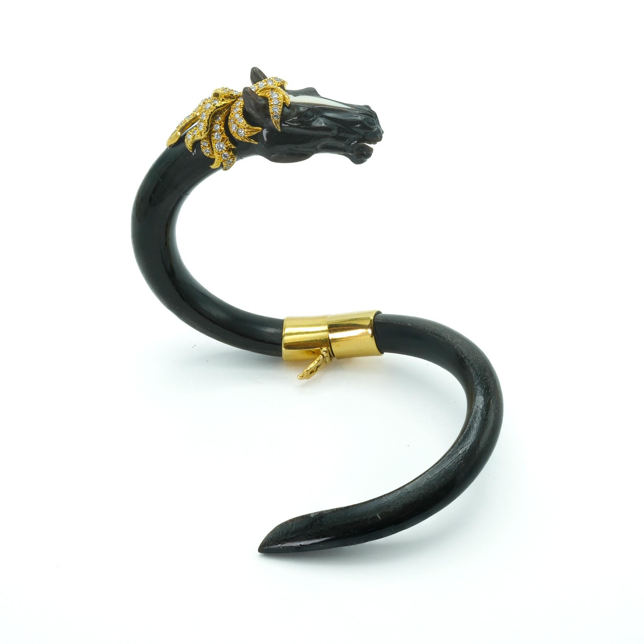 Round Cut Gay Frères French 1970 Ebony 14 Karat and Diamond Horse Stallion Bangle Bracelet