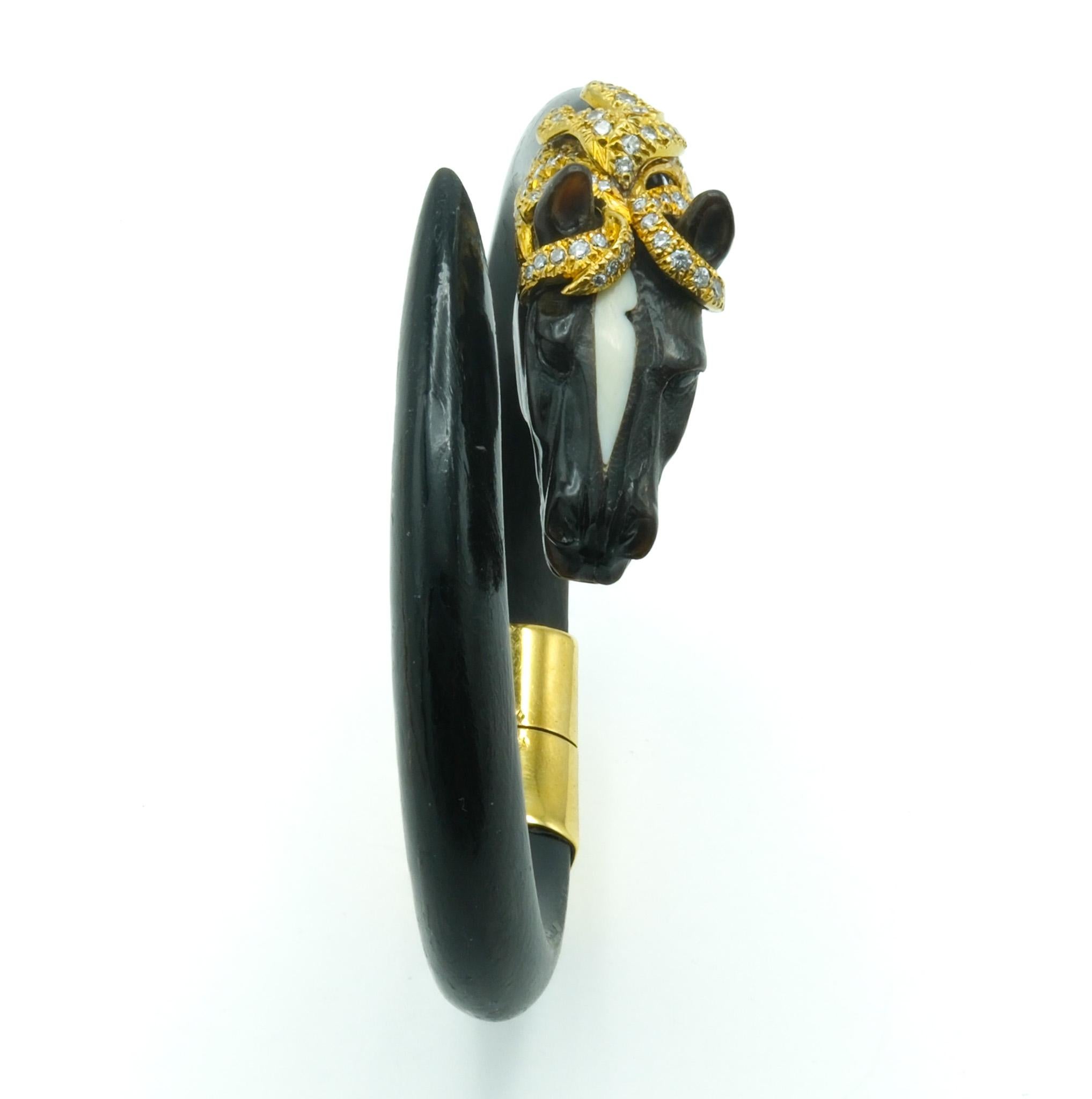 Gay Frères French 1970 Ebony 14 Karat and Diamond Horse Stallion Bangle Bracelet In Good Condition In Fairfield, CT