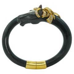 Vintage Gay Frères French 1970 Ebony 14 Karat and Diamond Horse Stallion Bangle Bracelet