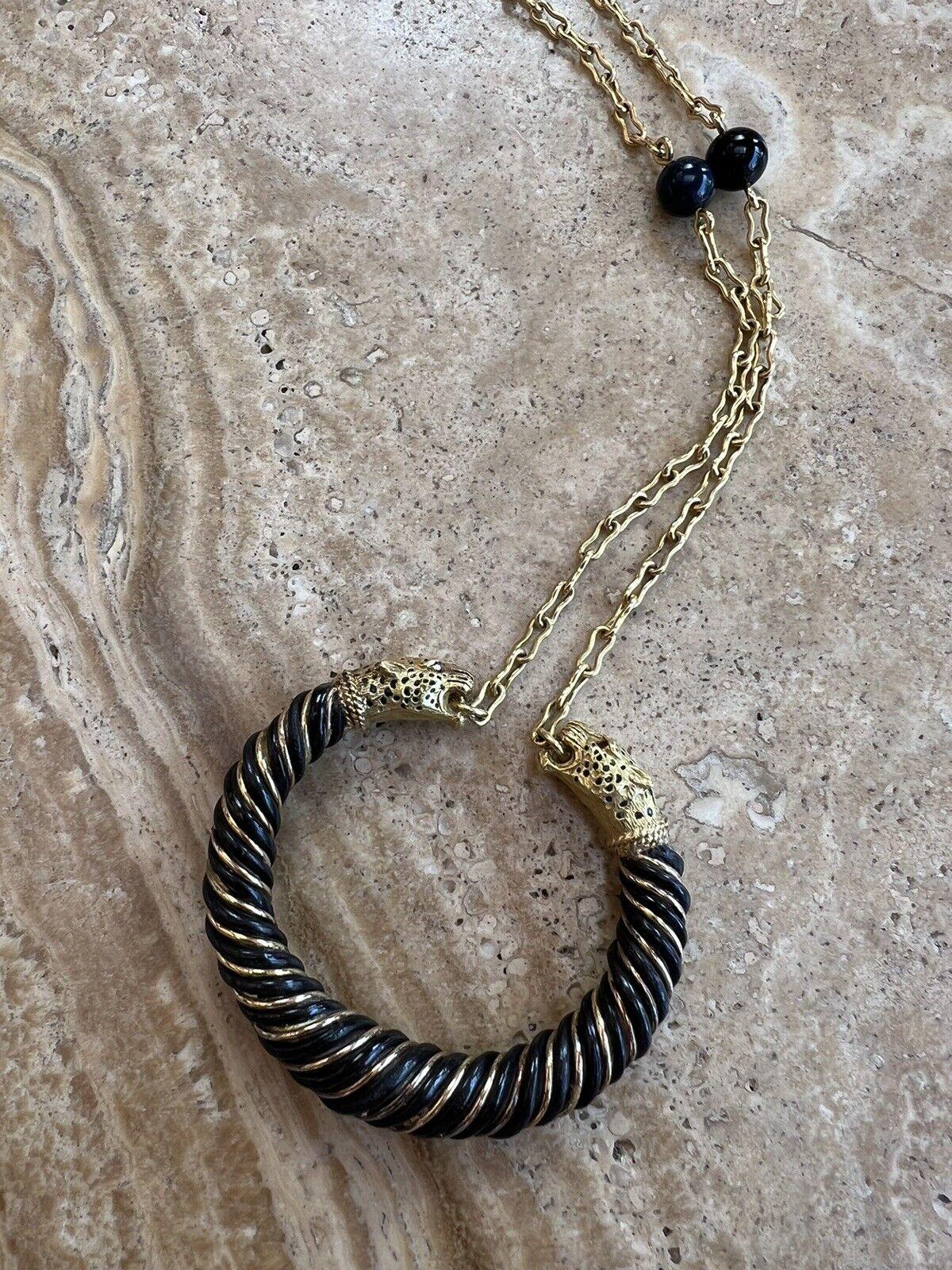 Gay Freres Paris 18k Yellow Gold, Elephant Hair, Onyx & Ruby Panther Necklace In Excellent Condition In Beverly Hills, CA